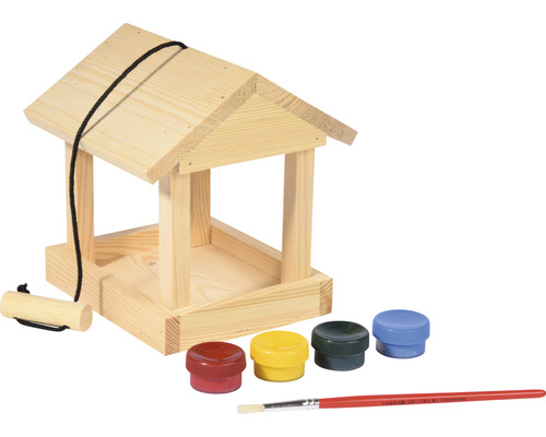 Dřevěný ptačí budka k malování s barvami a štětcem