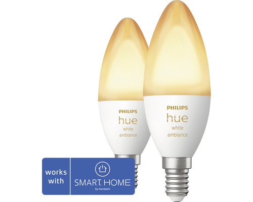 LED žárovka Philips HUE White Ambiance E14 / 5,2 W 320 lm 2200-6500 K 2 ks - kompatibilní se SMART HOME by hornbach Dvě LED žárovky Philips Hue White Ambiance E14 ve tvaru svíčky