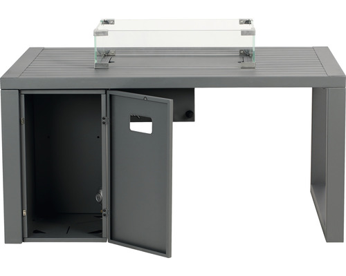Šedý terasový stůl se skleněnou vložkou a dvířky do úložného prostoru