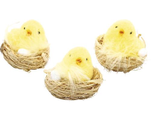Kuřátko v hnízdě žluté 10 x 6 x 6 cm 1 ks, mix druhů Tři žlutá kuřátka v hnízdě s vejcem jako velikonoční dekorace