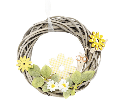 Dekorativní věnec s květinovými a šnečími motivy pro jarní atmosféru.