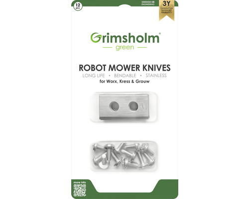 Náhradní nože Grimsholm pro robotické sekačky Worx a LandXcape balení 12 ks Nože pro robotické sekačky Grimsholm Green, 12 kusů, se šrouby pro Worx, Kress a Grouw