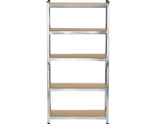 Regál s pěti dřevěnými policemi a kovovým rámem