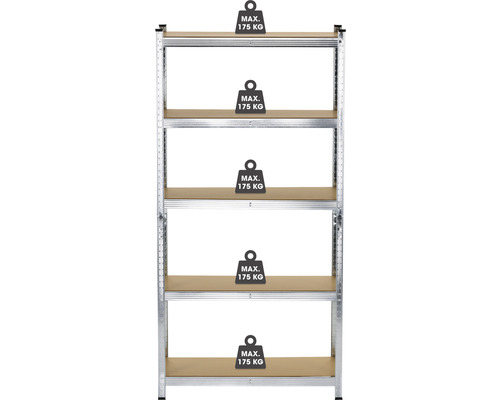 Kovový regál s pěti policemi a maximální nosností 175 kilogramů na polici