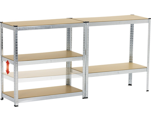 Regálový systém s nastavitelnými policemi z kovu a dřevěného materiálu