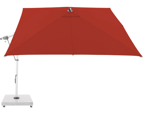 Čtvercový slunečník s boční nohou se stojanem a červenou látkou