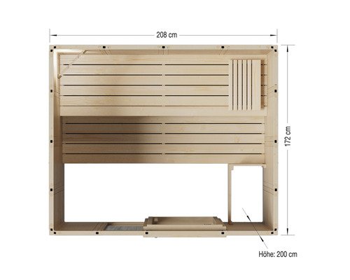 Obrázek sauny o rozměrech 208 x 172 x 200 centimetrů.