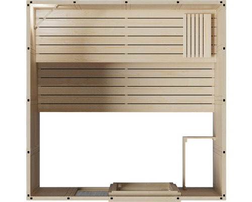 Pohled shora na dřevěnou saunu s lavicemi a kamny