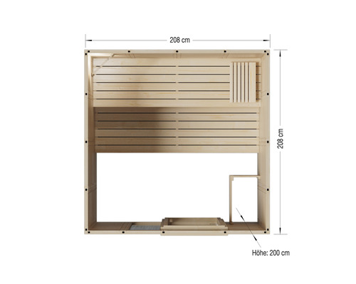 Pohled shora na saunu o rozměrech 208 krát 208 krát 200 centimetrů.