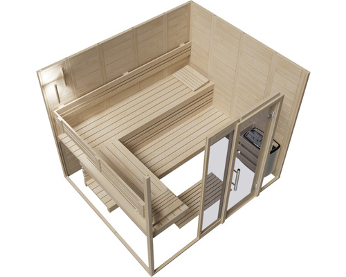 Interiér sauny s dřevěnými lavicemi a skleněnými dveřmi