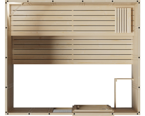 Vnitřní pohled na dřevěnou saunu s lavicemi a kamny