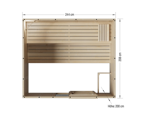 Pohled shora na saunu o rozměrech 244 x 208 centimetrů a výšce 200 centimetrů
