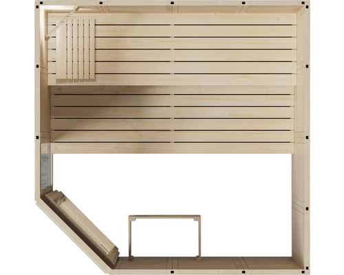 Pohled shora na dřevěnou saunu s lavicemi