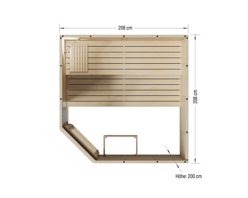 Pohled shora na dřevěnou saunu s rozměry: délka 208 centimetrů, šířka 208 centimetrů, výška 200 centimetrů