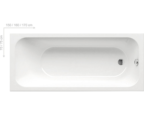 Obdélníková vana o rozměrech 150/160/170 x 70/75 cm v pohledu shora.
