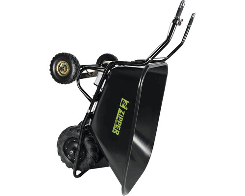 Černý motorový stavební kolečko se třemi koly a logem Zipper