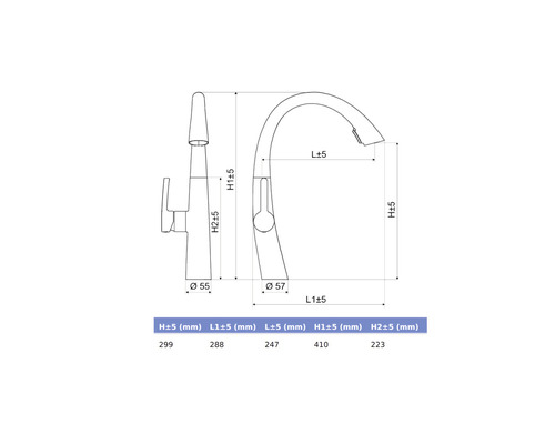 Technický výkres kuchyňské baterie s rozměry