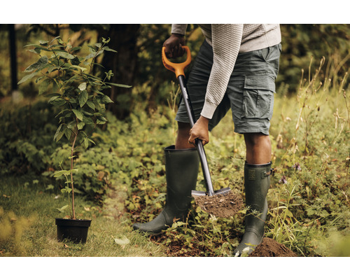 Osoba sází strom pomocí rýče na zahradě.