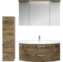 Koupelnový set s umyvadlovou skříňkou, zrcadlovou skříňkou a vysokou skříní v dřevěném designu