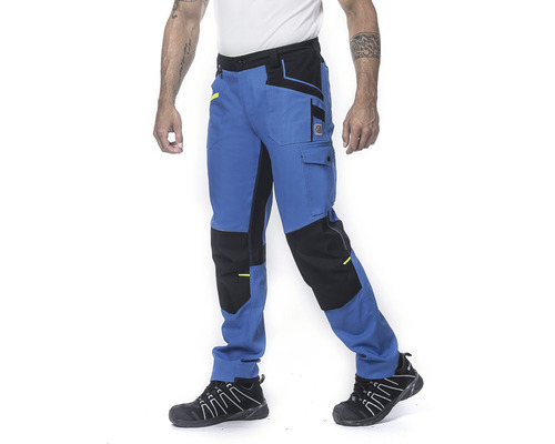 Modré pracovní kalhoty s kapsami a zesílenými koleny