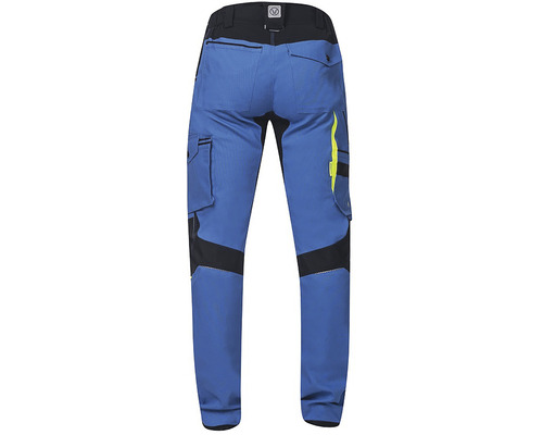 Modré pracovní kalhoty s kapsami a výztuhami, pohled zezadu