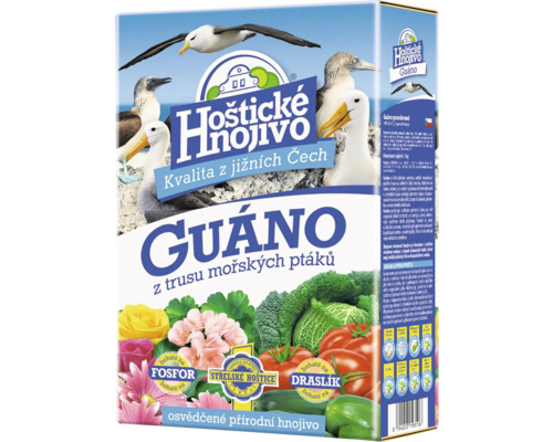 Hnojivo přírodní granulované guáno Hoštické hnojivo 1 kg Balení hnojiva Hoštické Guano s mořskými ptáky a obrázky zeleniny