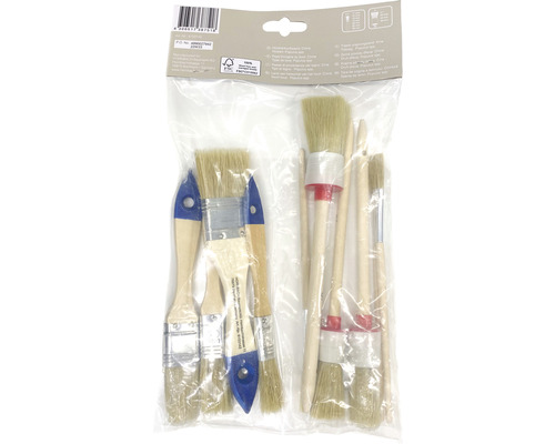 Sada štětců s různými štětci a dřevěnými držadly v průhledném obalu