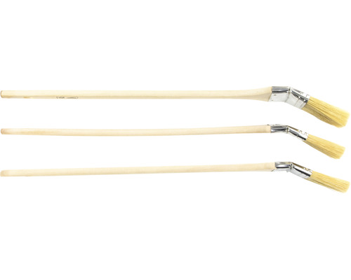 Tři štětce na radiátory s dřevěnou rukojetí a zahnutými štětinami