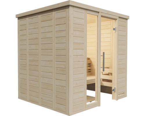 Sauna se skleněnými dveřmi a dřevěnými stěnami