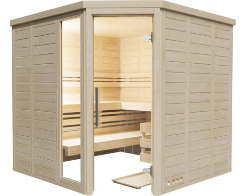 Dřevěná sauna se skleněnými dveřmi a interiérem