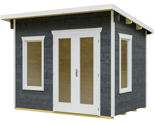 Dřevěný zahradní domek s dvoukřídlými dveřmi a okny
