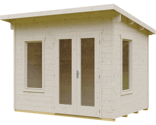 Dřevěný zahradní domek s okny a dvoukřídlými dveřmi
