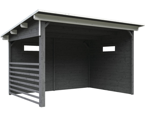 Dřevěný přístřešek s plochou střechou a bočními otvory