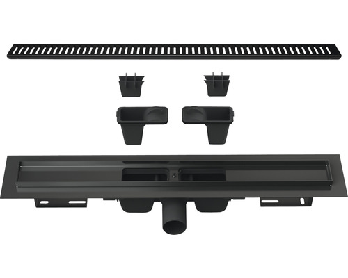 Sprchový žlab Jungborn UNO 850 x 85 mm objemový průtok odtoku 60 l/min černý Sprchový žlab s příslušenstvím pro instalaci