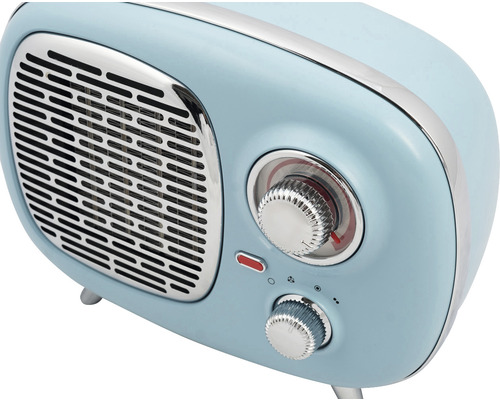 Modrý ohřívač vzduchu v retro designu s otočnými ovladači