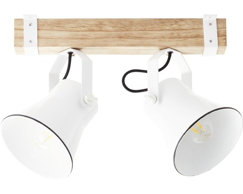Stropní svítidlo se dvěma reflektory, dřevěným nosníkem a bílým stínidlem