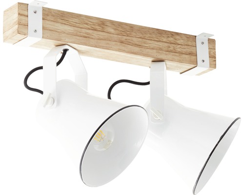 Stropní svítidlo se dvěma reflektory, dřevěným nosníkem a bílým držákem