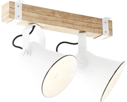 Stropní svítidlo se dvěma bílými bodovými světly na dřevěném trámu