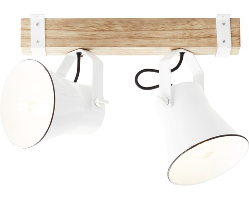 Stropní svítidlo se dvěma bílými reflektory na dřevěném trámu