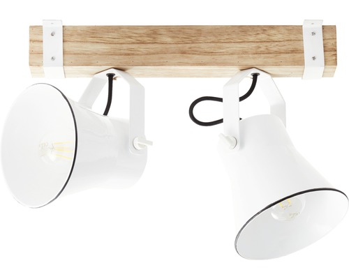 Stropní svítidlo se dvěma bílými reflektory a dřevěným nosníkem