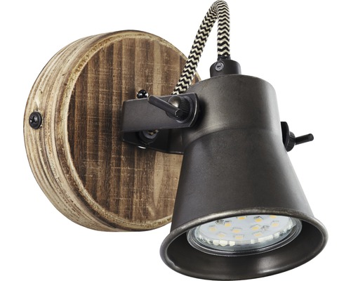 Nástěnné svítidlo s dřevěnou základnou a nastavitelným kovovým reflektorem