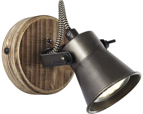 Nástěnné bodové svítidlo s dřevěnou základnou a kovovými prvky