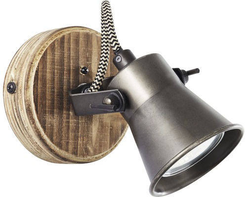 Nástěnné svítidlo s dřevěnou základnou a nastavitelným kovovým prvkem