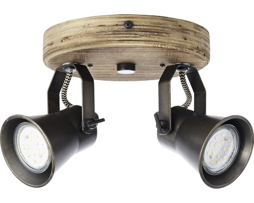 Stropní svítidlo se dvěma reflektory, dřevo a kov