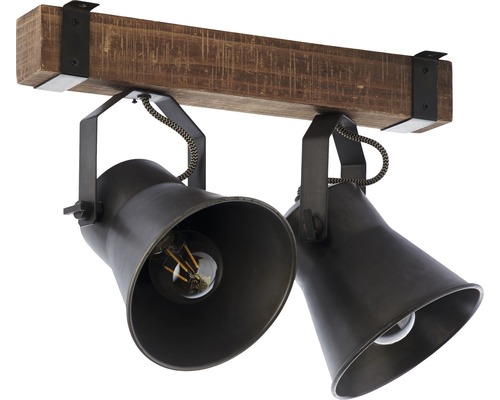 Stropní svítidlo se dvěma bodovými světly na dřevěném trámu