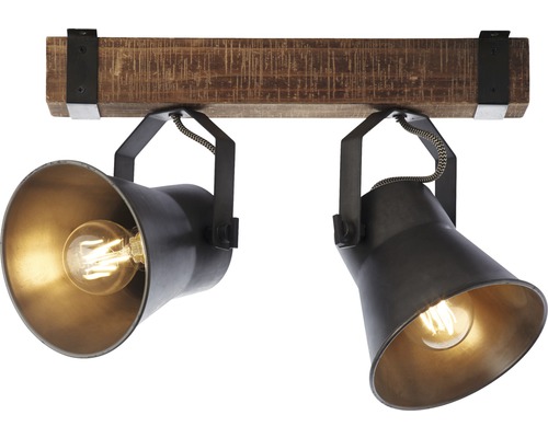 Stropní svítidlo se dvěma bodovými světly z kovu a dřevěného trámu