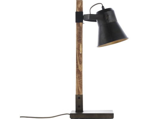 Stolní lampa s dřevěnou nohou a kovovou základnou