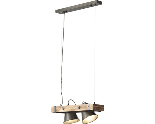 Závěsná lampa se dvěma bodovými světly na dřevěném trámu