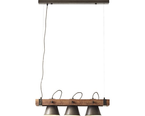 Závěsná lampa se třemi svítidly a dřevěným trámem
