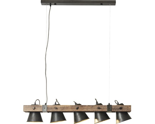 Závěsná lampa s pěti reflektory a dřevěným trámem